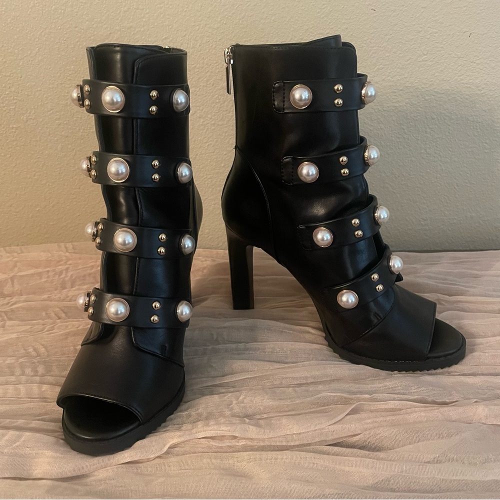 Lagerfeld Paris Brayden Black Embellished Leather Bootie